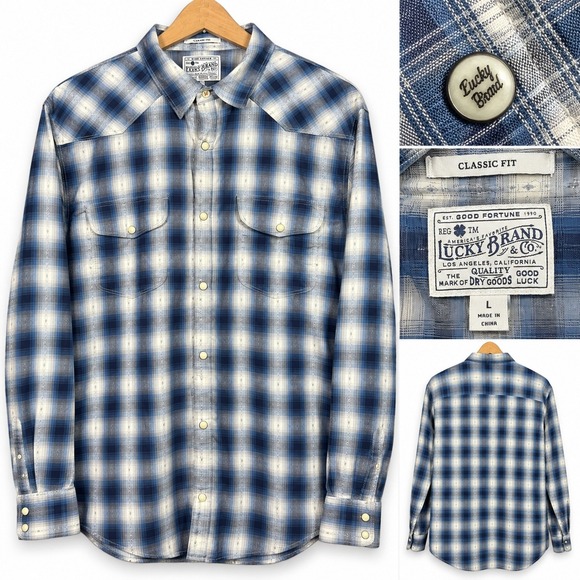 Lucky Brand Other - Lucky Brand Mens Pearl Snap Blue White Plaid Western Button Shirt Classic Fit L